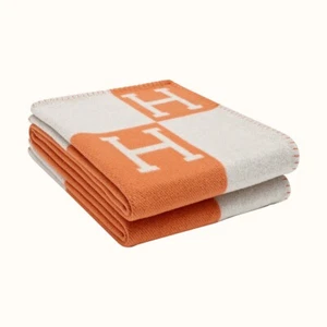 NEW HERMÈS Ecru/Potiron Wool Cashmere Avalon Blanket w/ Receipt - Picture 1 of 8