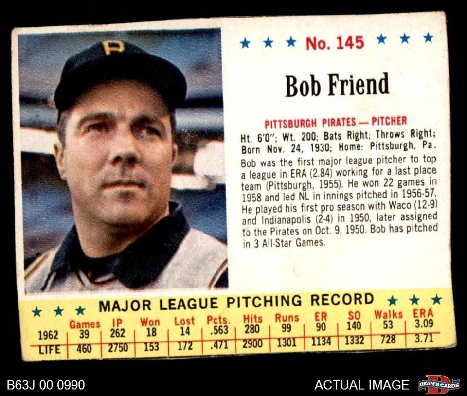 1963 Jello #145 Bob Friend Pirates 2 - GOOD - Image 1 of 1