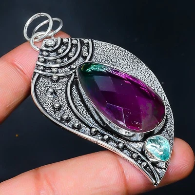 Bi-Color Tourmaline, Topaz Gemstone 925 Sterling Silver Jewelry Pendant 2.96" o7 - Image 1 of 3