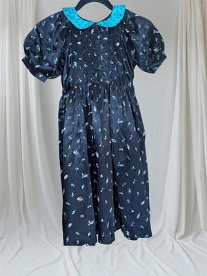 Vestido De Colección Años 80 Negro Satinado Floral Plumas de Ratón Manga Abullonada Niñas Talla 6X Foto 1 de 4