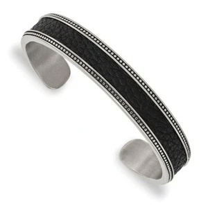 Stainless Steel Antiqued & Polished w/Textured Leather Inlay 12mm Bangle - Picture 1 of 3