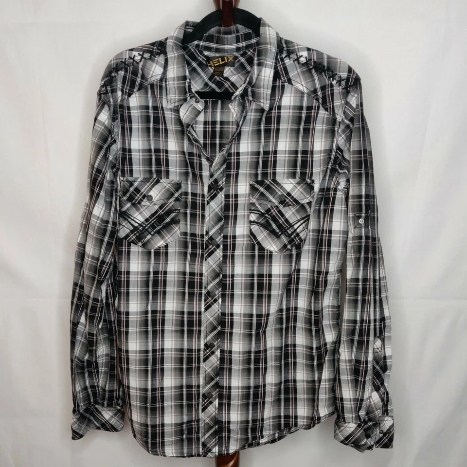 Helix men's size XL plaid shirt black multicolor collar snap long sleeve pockets - Image 1 of 4