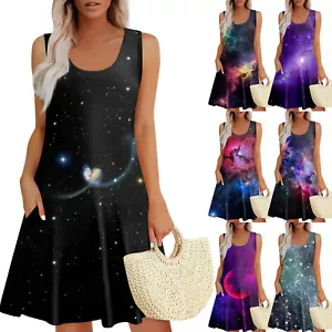 Womens Summer Dresses Easter Print Loose U Neck Sleeveless Sundresses Dress - Picture 1 of 33