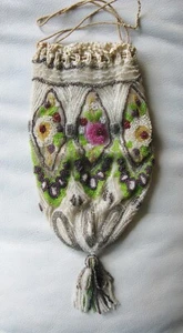 Antique Crochet Pink Brown Beaded Net Floral Tassel Drawstring Flapper Purse - Picture 1 of 15