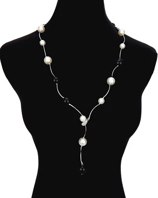 Ella Jonte lange Halskette Perlenkette silber weiß schwarz Strass Y-Kette Retro - Bild 1 von 4