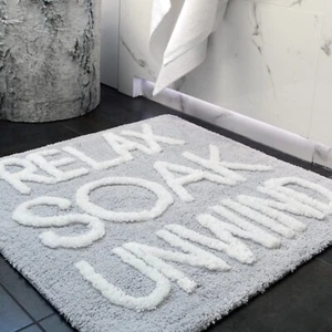 Relax Soak Unwind Tufted Slogan Bath Mat Non Slip - 60 x 60cm Square Shower Mat - Picture 1 of 6