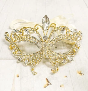 14K Gold Masquerade Mask, Wedding Mask, Butterfly Crystal Mask, Mardi Gras Mask - Picture 1 of 7