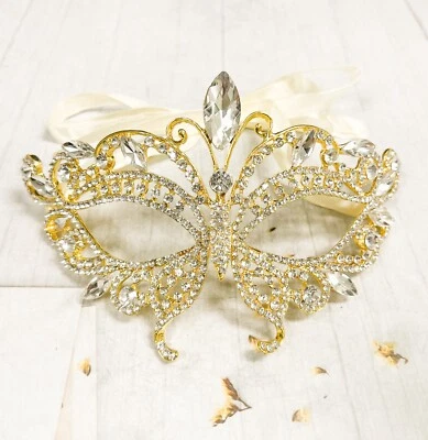14K Gold Masquerade Mask, Wedding Mask, Butterfly Crystal Mask, Mardi Gras Mask - Image 1 of 4