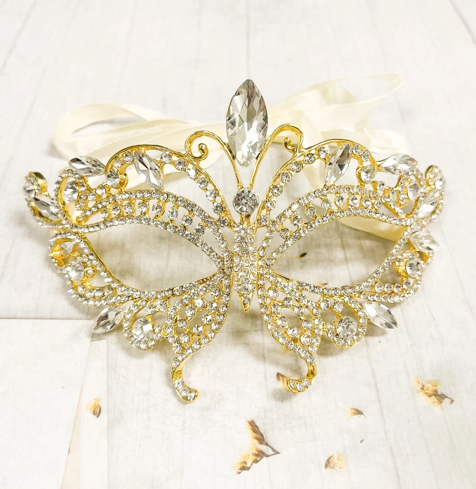 14K Gold Masquerade Mask, Wedding Mask, Butterfly Crystal Mask, Mardi Gras Mask - Image 1 of 4