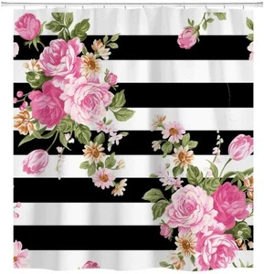 Floral Stripe Fabric Shower Curtain Sets Bathroom Decor with Hooks - Picture 1 of 5
