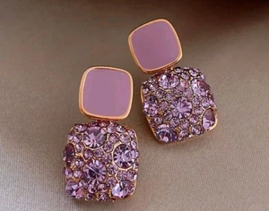 purple Retro Rhinestone Cubic Zirconia Earrings in Gold Plate. - Picture 1 of 5
