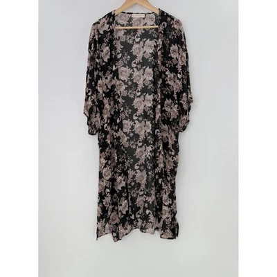 Lucky Brand Kimono Duster Black Floral Print Open Front Lightweight OS Boho - Image 1 of 4