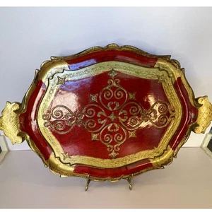 Schönes Vintage italienisches Florentiner Tablett; mittelgroß; seltenes Rot-Gold Design - Bild 1 von 5