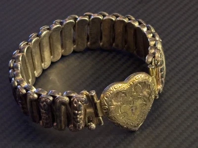 PULSERA EXPANSIÓN VINTAGE PLATA ESTERLINA CORAZÓN BRILLO SEGUNDA GUERRA MUNDIAL Foto 1 de 4