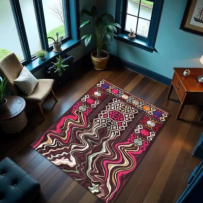 Burgundy Tribal and Melting Rug Boho Liquid Print Carpet Decorative Mat - Image 1 of 3