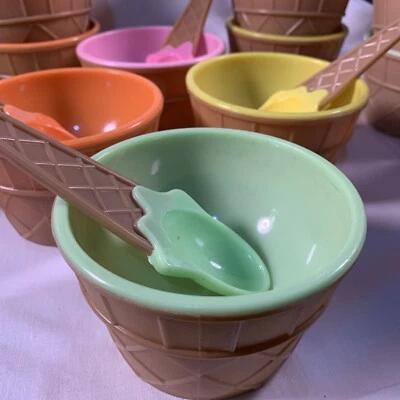 Set of 4 Summer Picnic Fun Birthdays Colorful Ice Cream Dishes w/ Spoons - Image 1 of 4