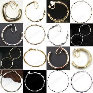 CLIP ON HOOP EARRINGS gold/silver fashion 3cm 4cm 5cm 6cm HOOPS metal NON-PIERCE - Picture 1 of 42
