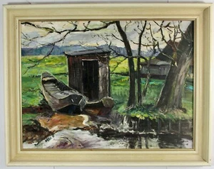 Oil painting paintings landscape canal boat Bernhard Huys Worpswede signed - Picture 1 of 7
