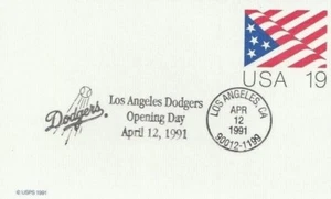 1991 Los Angeles Dodgers Día Inaugural MLB Cachet Postal 19 Centavos Bandera Estampilla - Imagen 1 de 1