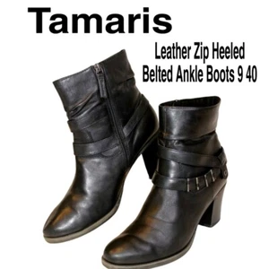 Tamaris Womens Size 9 40 Leather Zip Heeled Belted Ankle Boots Booties - Picture 1 of 9