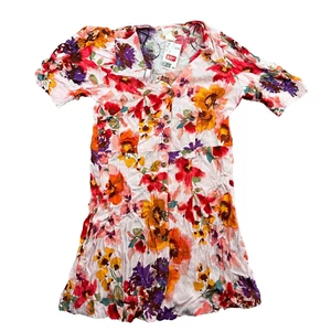 H&M Ivory Watercolor Floral V-Neck Button Down Puff Sleeve Mini Shirt Dress L - Picture 1 of 8