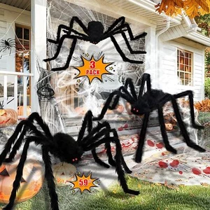 Halloween Giant Spider Decorations - 3 Pcs Realistic Scary Spiders (59",49",35") - Picture 1 of 7