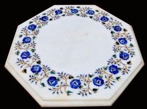 18" White Marble Corner Table Top Lapis Semi Precious Stones Inlay Home Decor - Picture 1 of 1