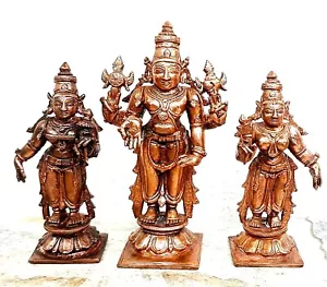 Copper Lord Venkateswara with Sridevi & Bhudevi Figurine Statue Antique Finish - Picture 1 of 5