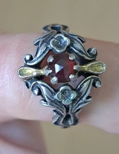 Unique Vintage 835 Sterling Silver Garnet Ring – Art Nouveau Floral Design,... - Bild 1 von 8