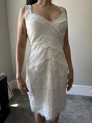 David’s Bridal - Wedding Lace Ruffle White Sleeveless Midi Dress - Small - Image 1 of 4