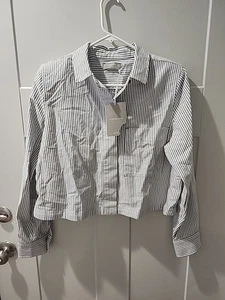 Everlane Gray/White Striped Jacket Cropped Organic Cotton Button Womens 12 Nwt - Picture 1 of 10