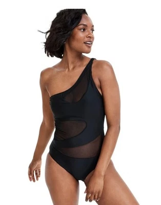 Traje de baño Bar III para mujer con un hombro de malla recortada negro, mediano Foto 1 de 4