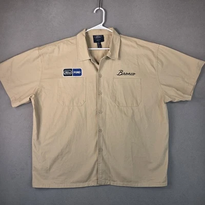 复古福特野马衬衫男式 2XL 卡其色短袖纽扣刺绣图案 — 第 1/4 张图片