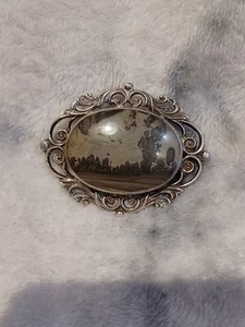 Große antike viktorianische Brosche Sterlingsilber und Achat Perlenintarsien Landschaft - Bild 1 von 6