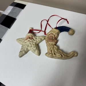 Vintage Star and Moon Shaped Painted Santa Claus Pecan Resin Ornaments - Picture 1 of 8