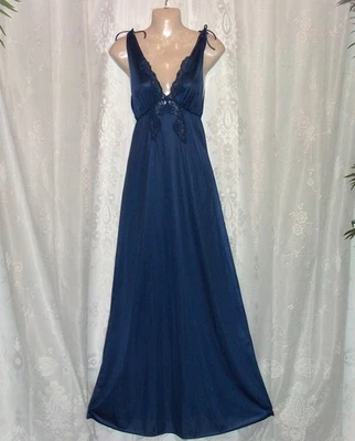 Sm.60's-70's,Tall-56",Royal Blue,shiny silky nylon,long vintage nightgown,nighti - Image 1 of 4