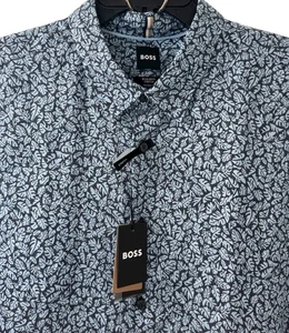 HUGO BOSS Shirt Mens XXL BLUE leaf Pattern REGULAR Fit Stretch Linen Blend NWT - Picture 1 of 12