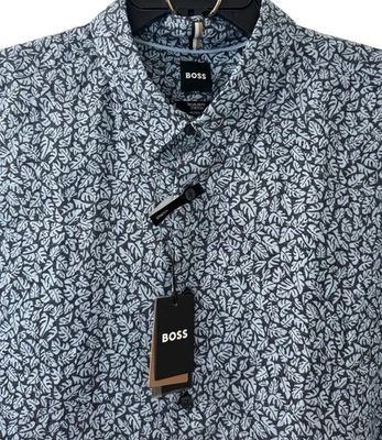HUGO BOSS Shirt Mens XXL BLUE leaf Pattern REGULAR Fit Stretch Linen Blend NWT - Image 1 of 4