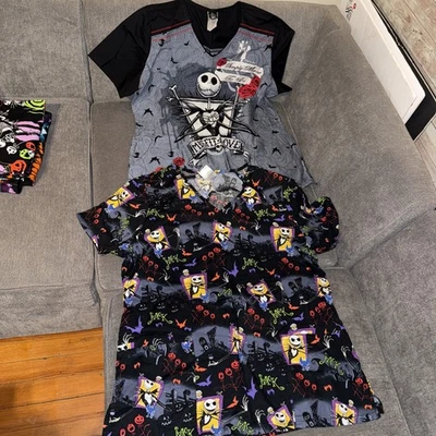2- Women’s Disney Nightmare Before Christmas V Neck Scrub Top Size Medium - Image 1 of 4
