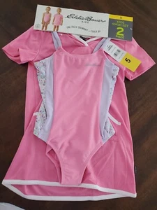 Eddie Bauer Kids One-Piece Pink/White/Floral Swimsuit Plus Cover Up  Size 5 NEW - Picture 1 of 8
