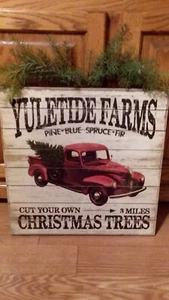 Yuletide Farms Christmas Trees Farm Old Red Truck Rustic Wood Sign Decor 16x16  - Picture 1 of 10