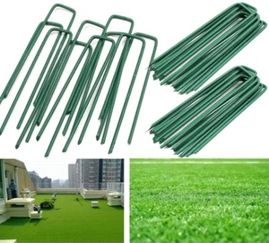 50 x GREEN U SHAPE PINS FOR ARTIFICIAL GRASS TURF GALVANISED TENT GROUND PEGS - Picture 1 of 11