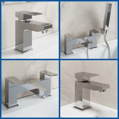 Modern Chrome Bathroom Square Tap Sets | Basin & Bath Taps with Shower & Waste - Image 1 of 4