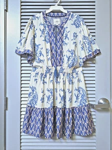 white/ blue print elastic waist dress XL - Picture 1 of 3