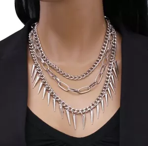 Punk multi layer chain necklace with spiked pendant Gothic jewelry Y2K - Picture 1 of 6