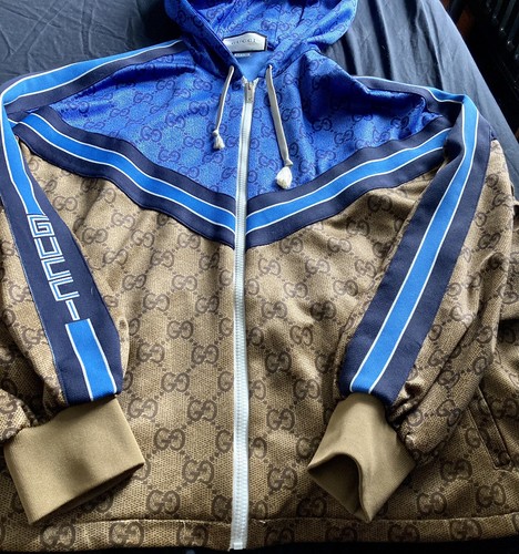 Gucci Runway Monogram blu marrone cappuccio a pieghe giacca tecnica taglia S