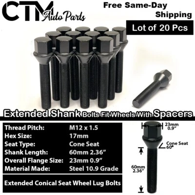 20x BMW Mini Negro 12x1.5 Tornillo de rueda 60 mm Vástago E-Body con espaciadores de 30-35 mm Foto 1 de 4