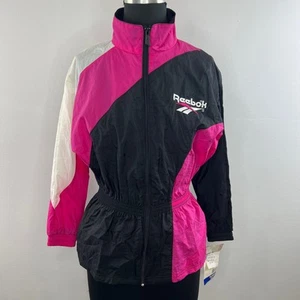 Reebok NOS Vintage Bold Pink Black Windbreaker Jacket Full Zip Girls Youth L NEW - Picture 1 of 10