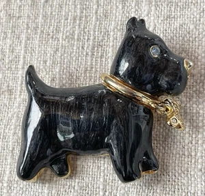 Vintage Scottie Scotty Brosche schwarz Emaille Hund Pin blaue Augen, Strass Knochen Halsband - Bild 1 von 7