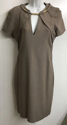 Gucci Dress Taupe Short Sleeve Wool Blend Gold V-Neck Metal Detail Size 40/ 7/8 - Image 1 of 4